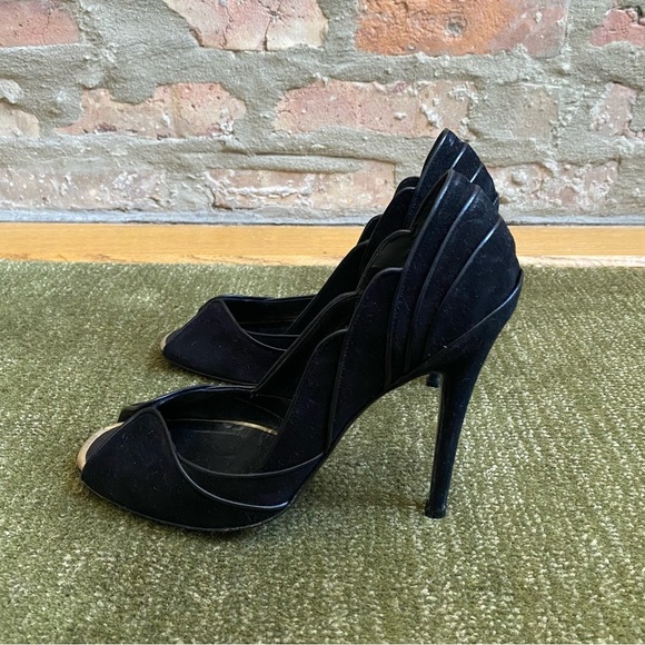 Fendi Black Suede Leather Open-Toe Pumps, Size 37 EU 6.5 US - Picture 5 of 10